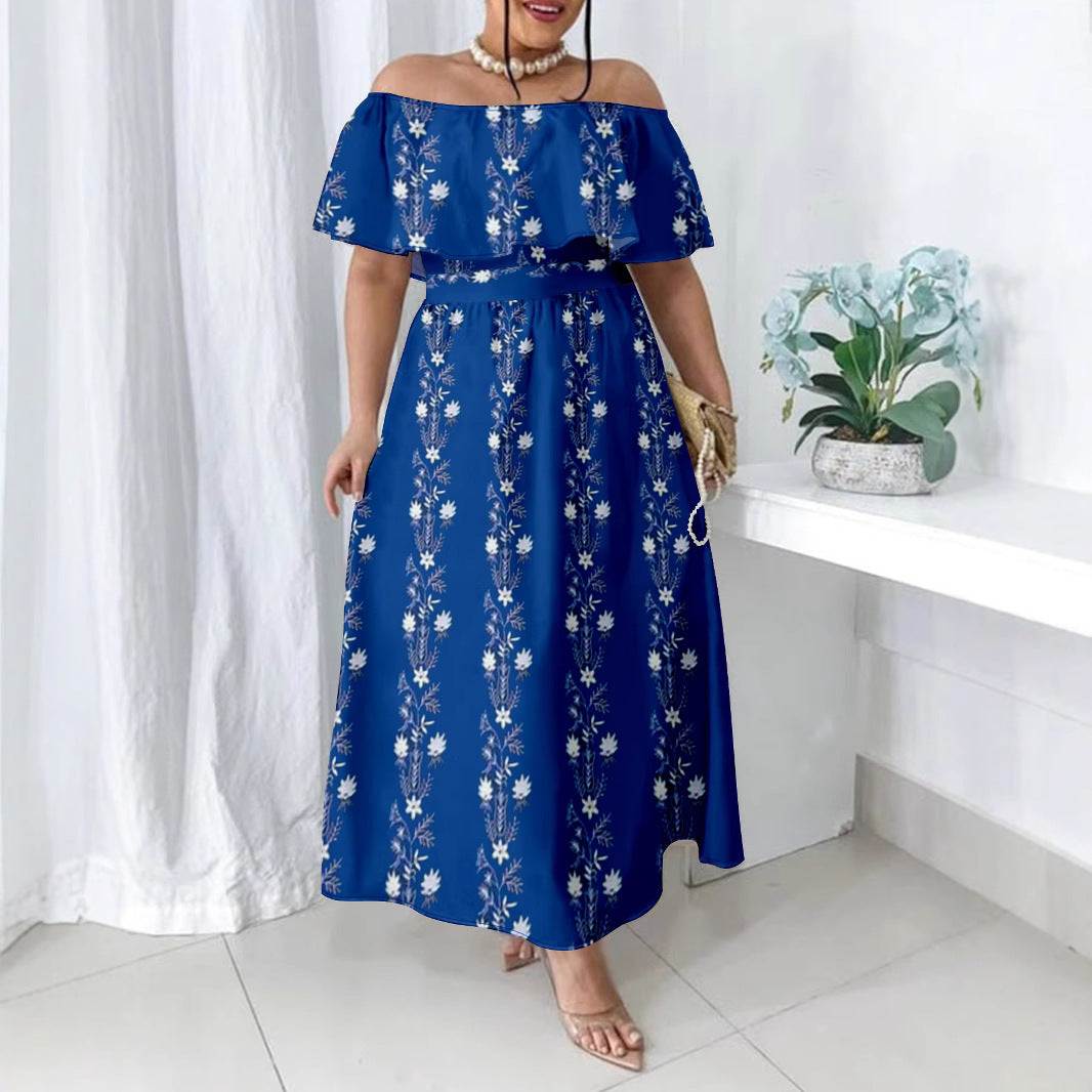 Plus size Women summer off shoulder print elegant dress