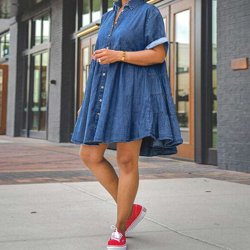 Plus Size Women Denim Short Sleeve Puffy Dress 4