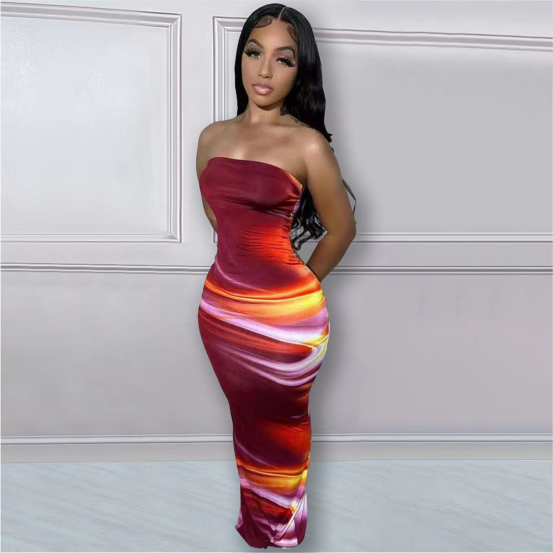 Women's Summer Sexy Off Shoulder Strapless Positioning Print Slit Dress 4