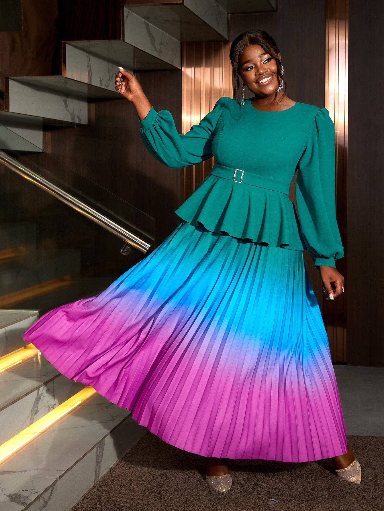 Women gradient lantern sleeve party pleated dress 4