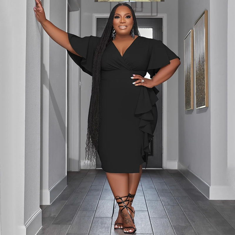 Chic Women's Solid Color V-neck Ruffle Slim Sexy Plus Size Dress 6