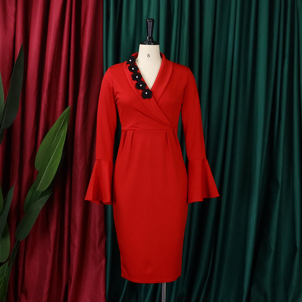 Women's Fall Winter V-Neck Chic Elegant Bell Bottom Sleeve Slit Bodycon Dress 13