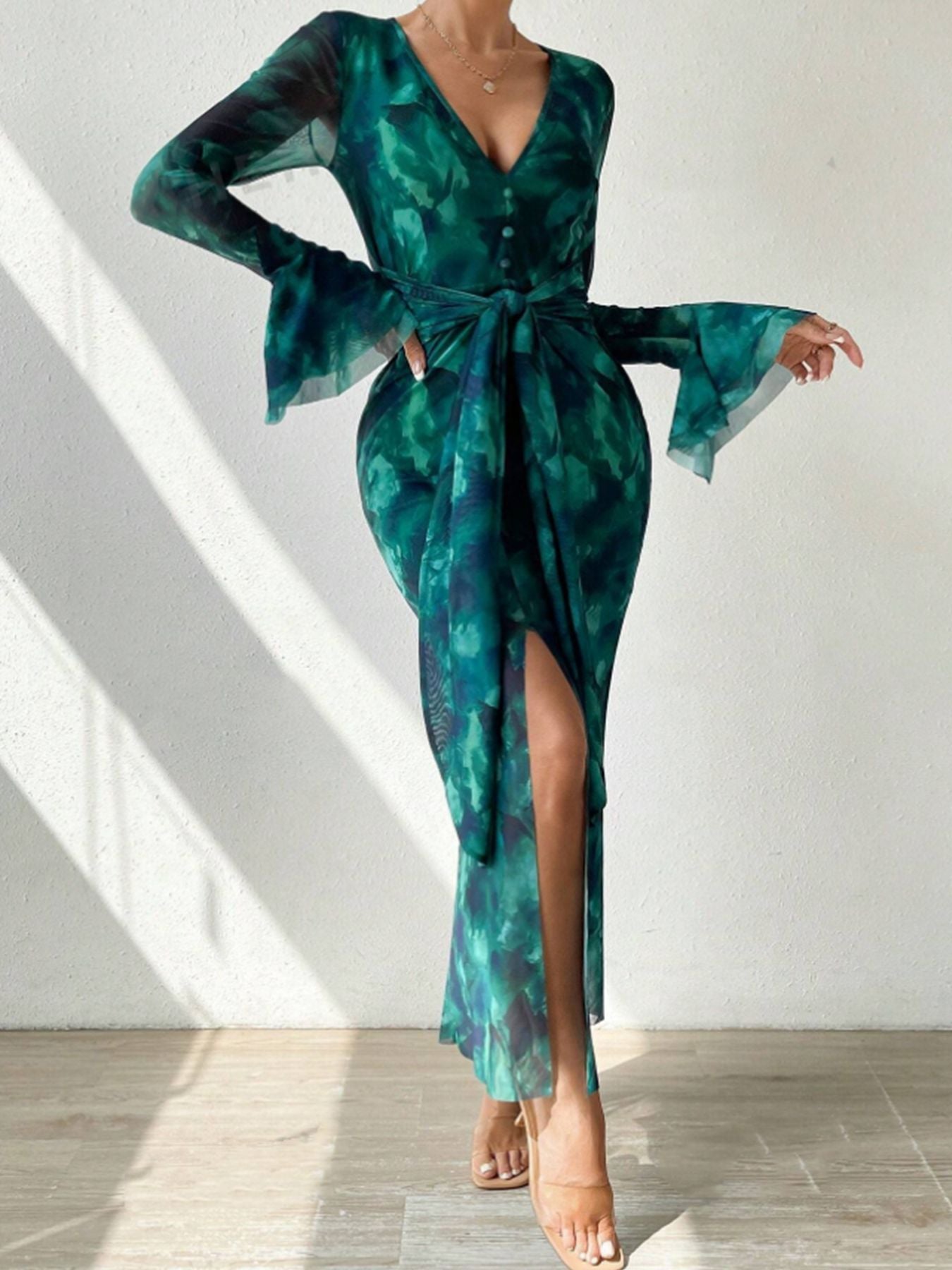 Long-Sleeve Slit Floral Bell-Sleeve V-Neck Lace-Up Maxi Dress 6