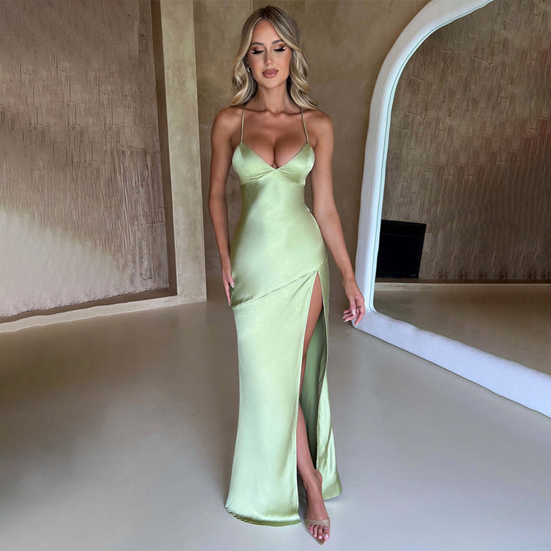 Women Summer Suspender V Neck Slit Sexy Backless Dress 7