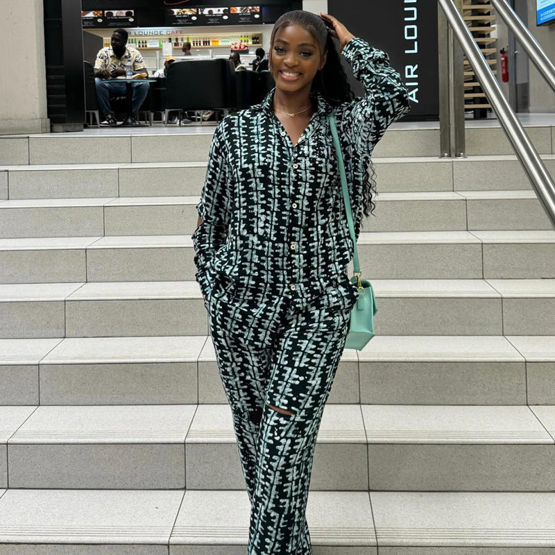 Africa Printed Fashion Casual Loose long-sleeved shirt and trousers two-piece suit for women 4
