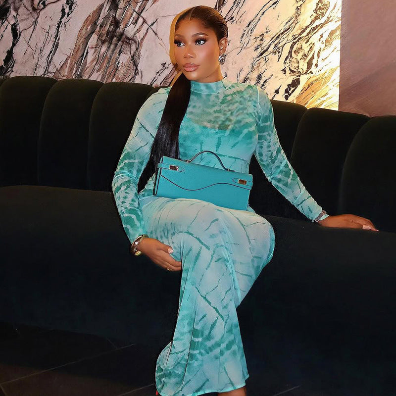 Women Printed Mesh Waist Bodycon High Neck Long Sleeve Chic Dress 3