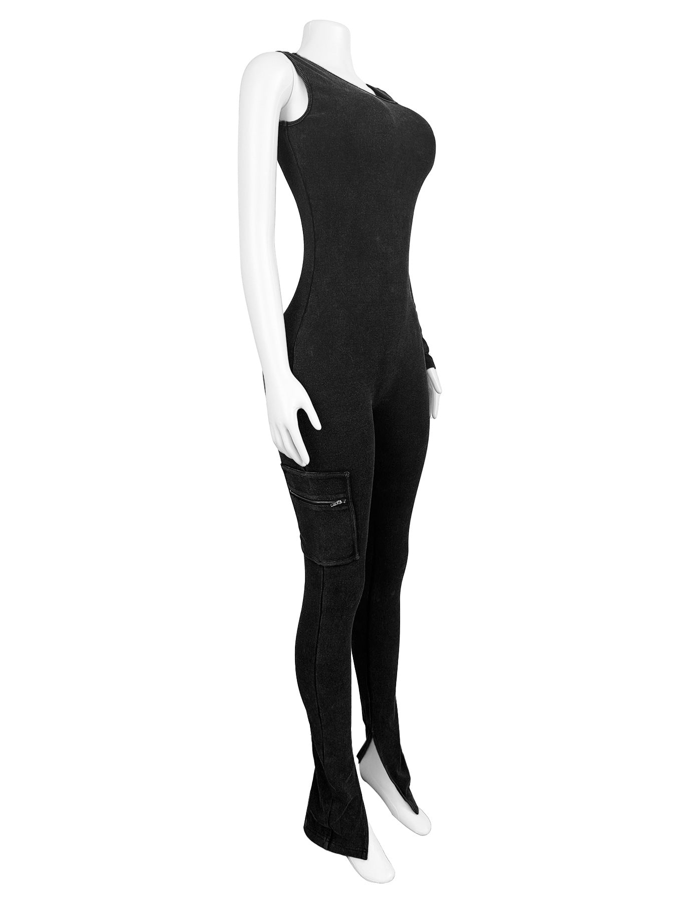 Women Casual Ribbed Pocket Single Sleeve Jumpsuit 13