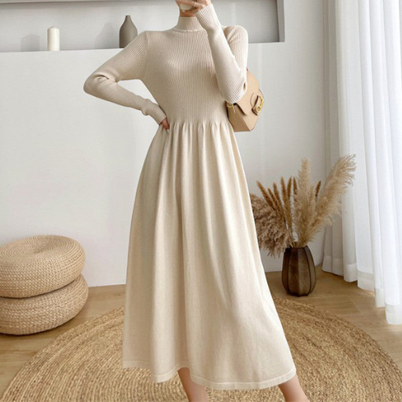 Autumn and winter women's trendy Elegant half turtleneck long sleeve Basic Knitting sweater dress
