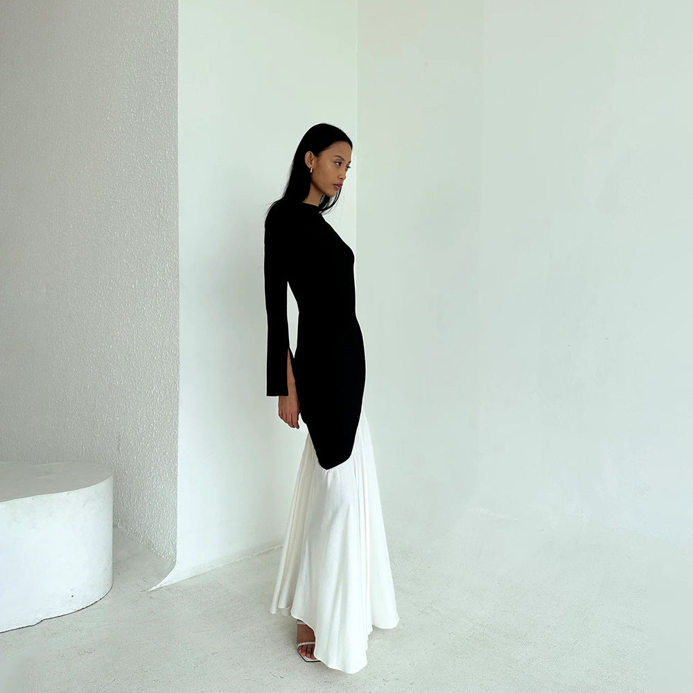 Women Color-blocked Round Neck Sexy Long-sleeved Dress 5