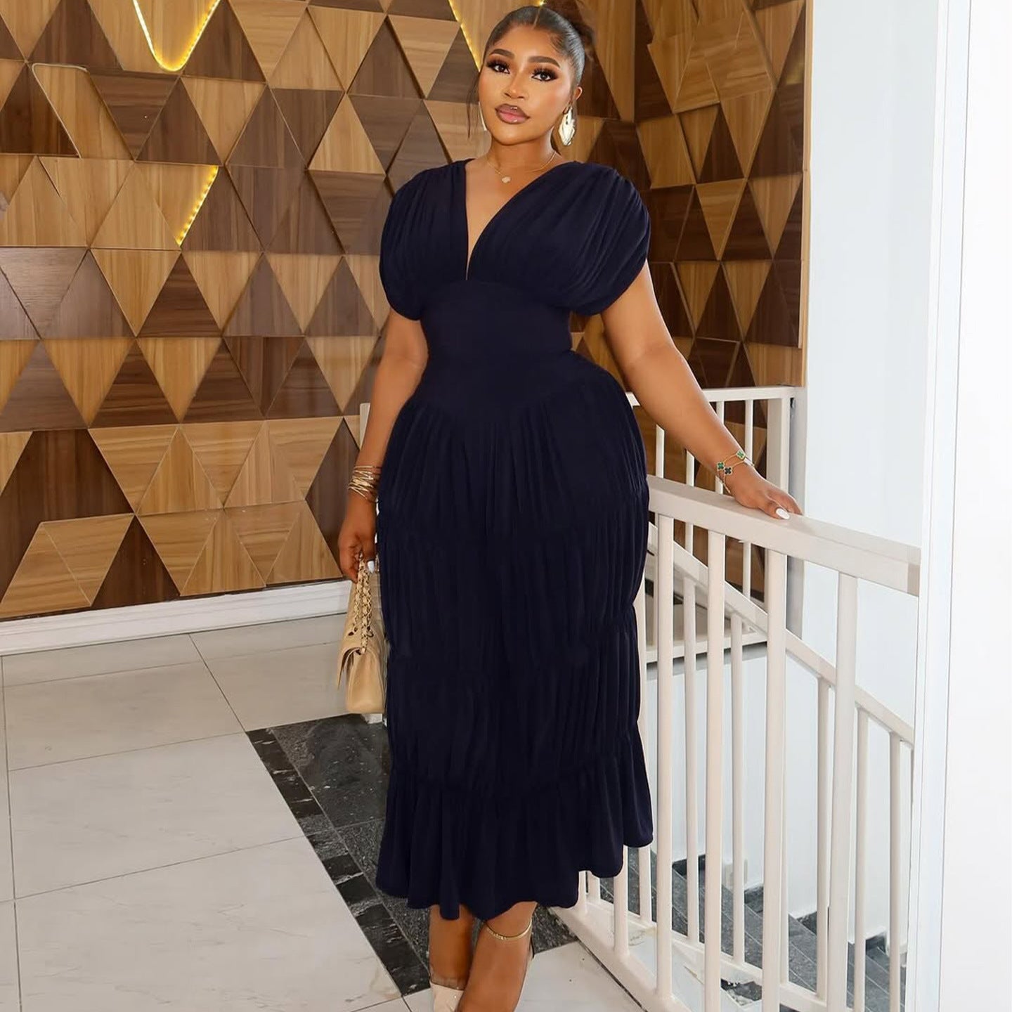 Women Summer Navy V-Neck Puff Sleeve Ruffle Dress 4