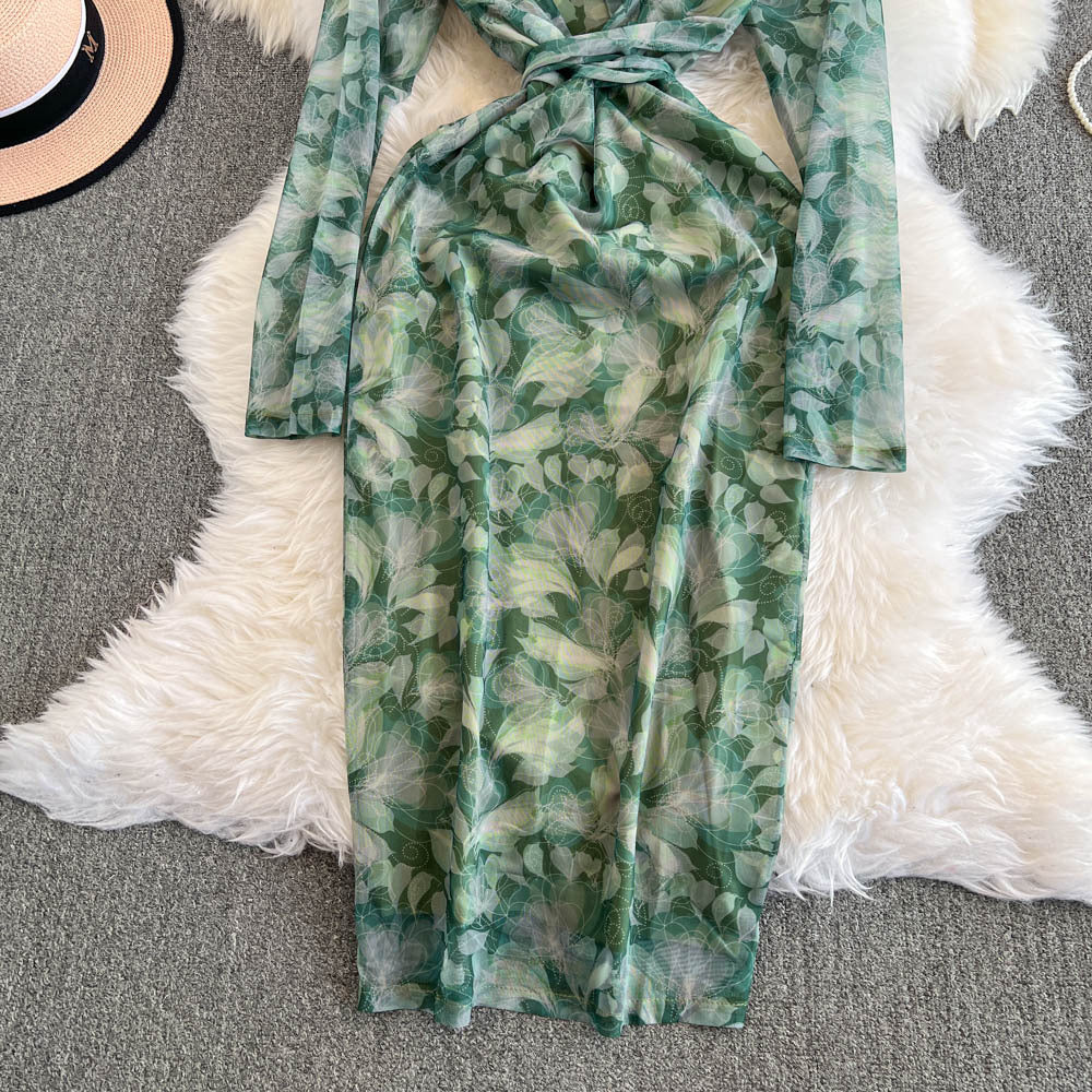 Women French Style Long-Sleeved V-Neck Lace-Up Maxi Print Bodycon Dress 17