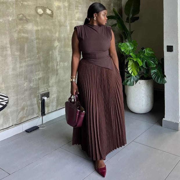 African Women Solid Irregular Sleeveless Crop Top Pleated Skirt Two-piece Set 4