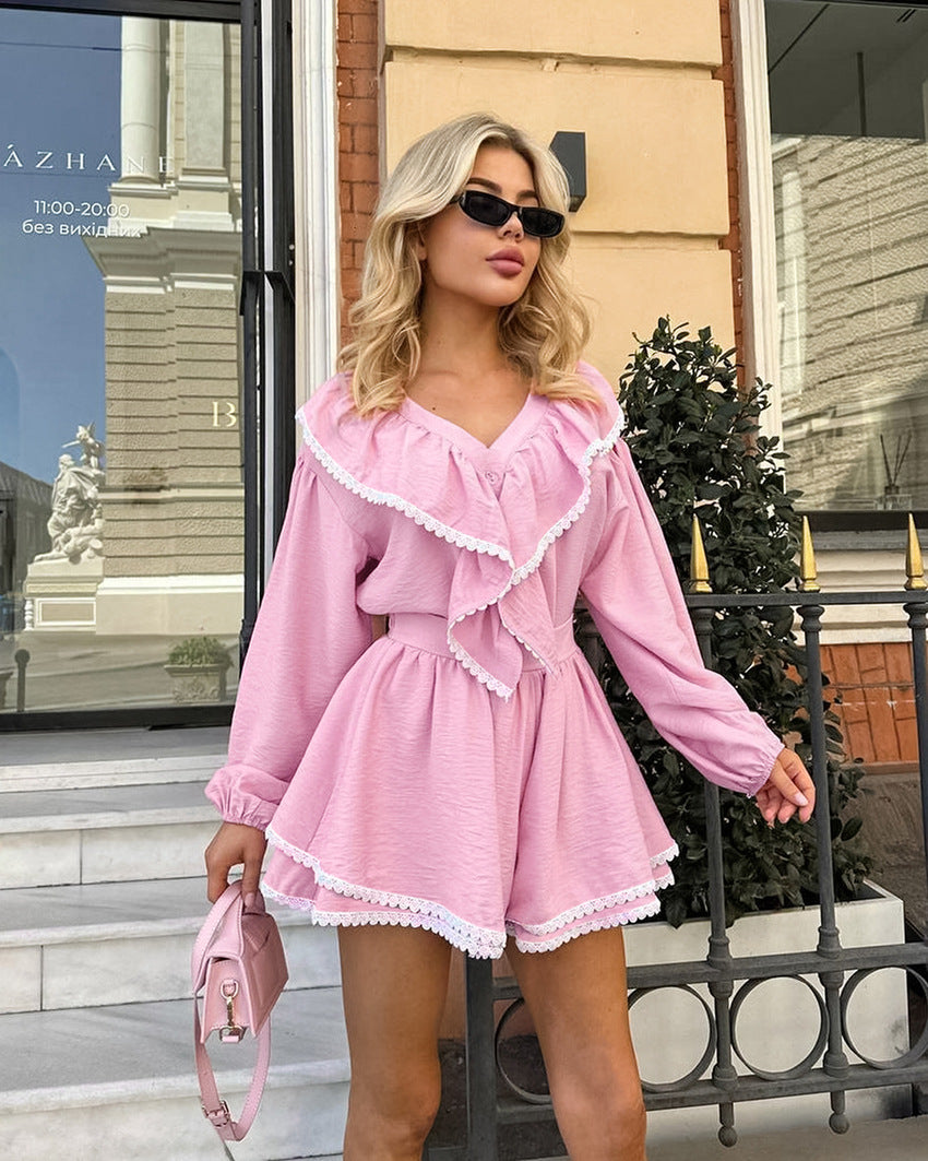 Women French layered ruffle Turndown Collar lantern sleeve loose shirt shorts Two Piece Set