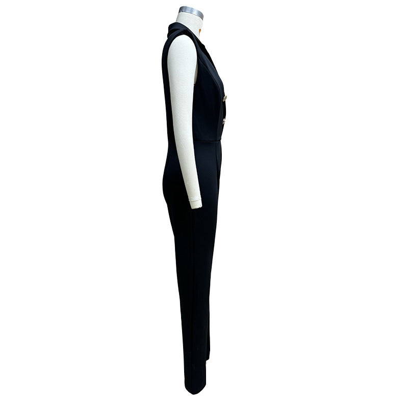 Summer Chic Solid Color Turndown Collar Sleeveless Jumpsuit Slim Fit Stylish Outfit 8