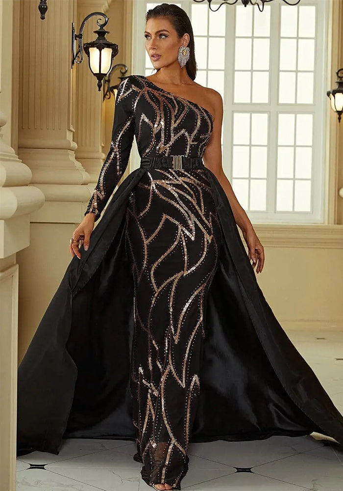 Solid Sequined Slash shoulder Formal Party Long Evening Gown