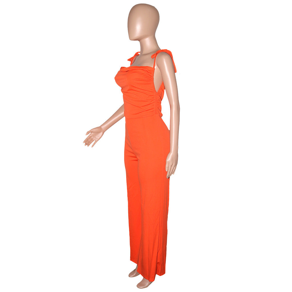 Women Solid Straps Lace-Up Wide Leg Jumpsuit 9