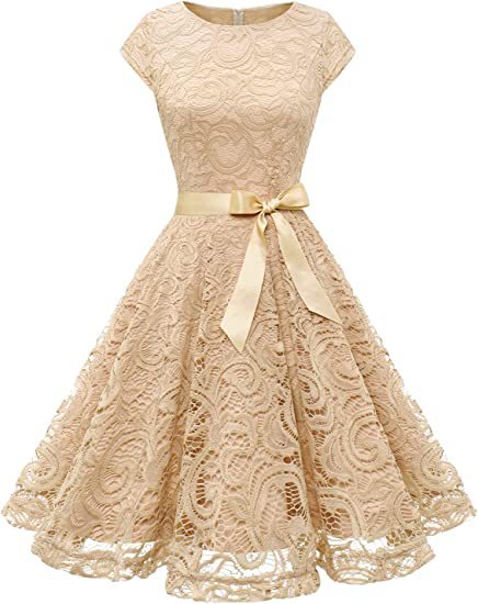Spring Chic French Retro Slim Fit Round Neck Basic Mid-Length Gentle Lace A-Line Dress
