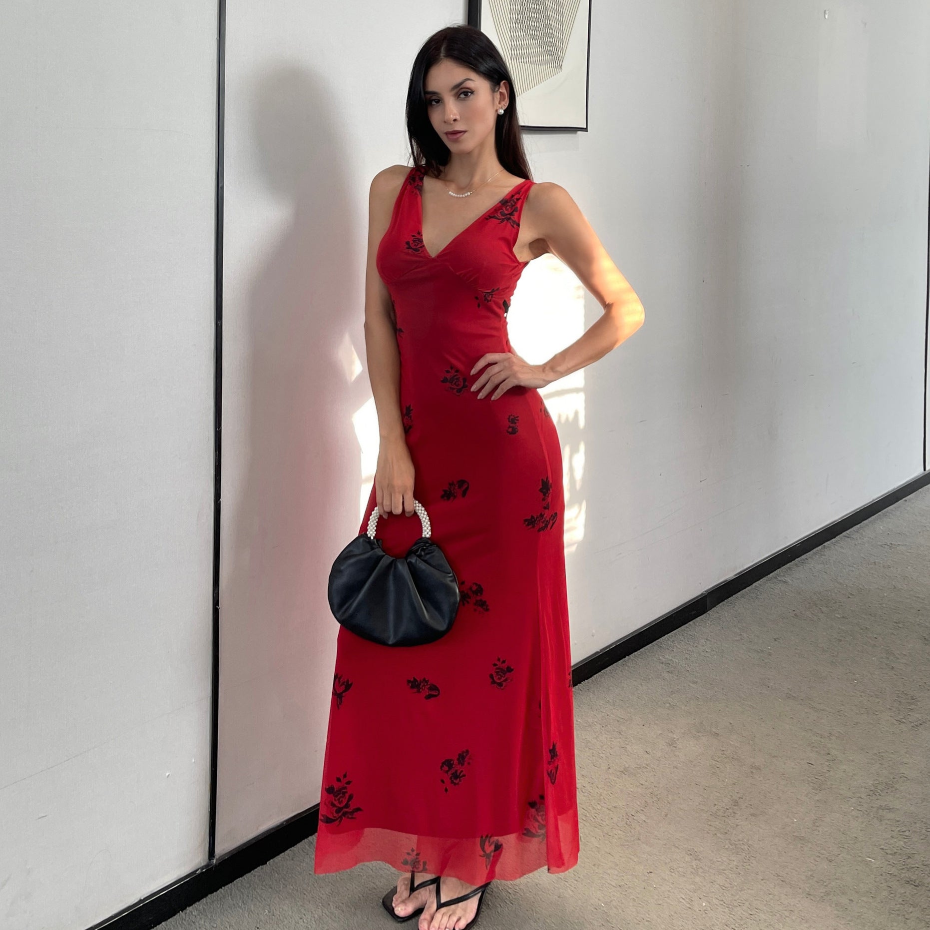 Women Sexy V Neck Printed Strap Dress 3