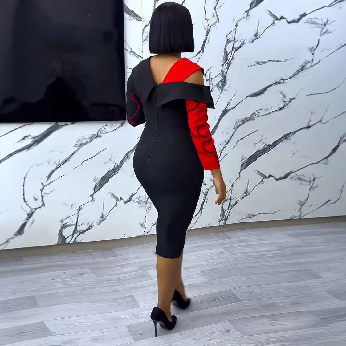 Contrast Color Patchwork V-Neck Bodycon Dress 4