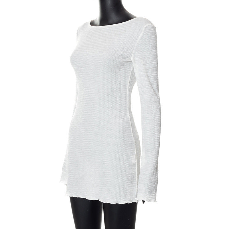 Women's Autumn Bubble Ribbed Solid Color Halter Neck Low Back Long Sleeve Casual Dress 9