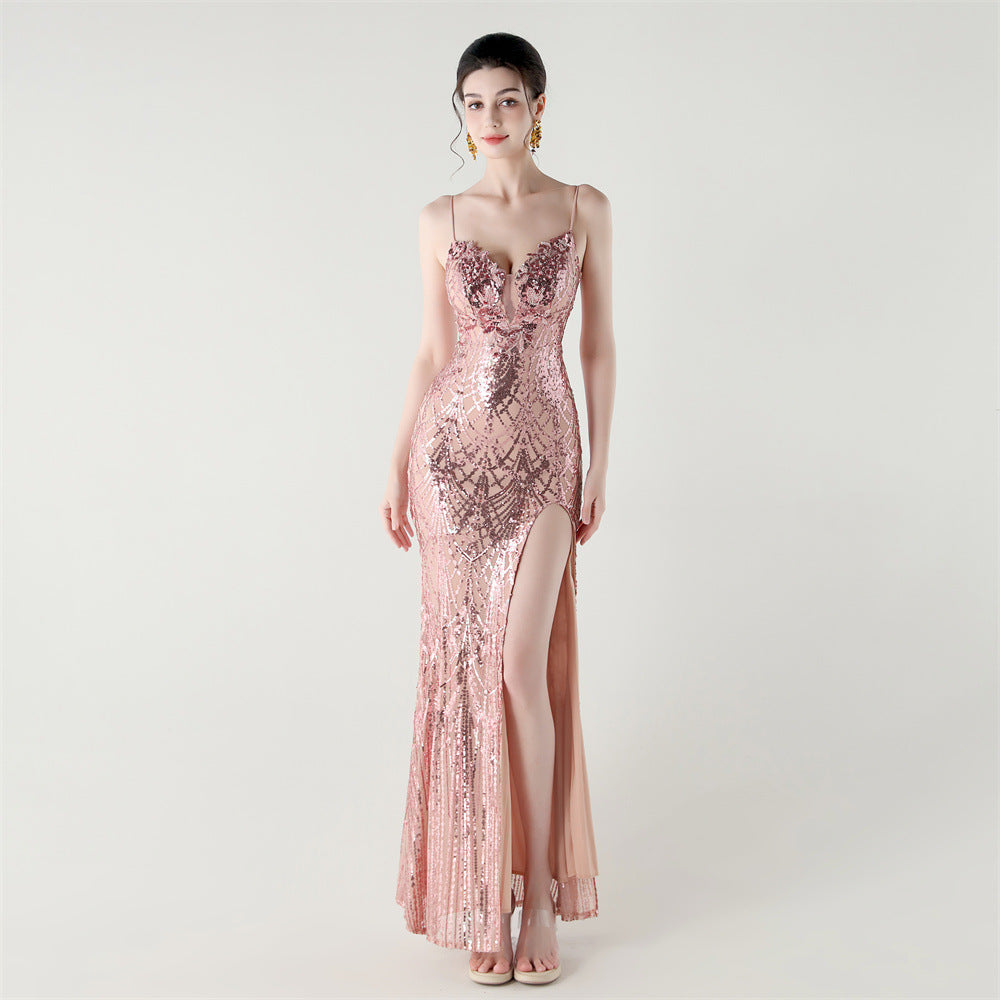 Women Beaded Tube Fishbone Lace-Up Sequin Formal Party Evening Dress 24