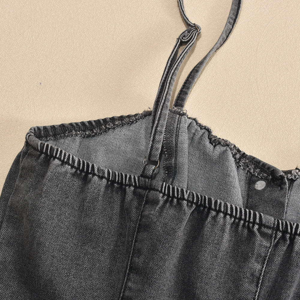 Elastic Denim Strap Single-Breasted Short Bodycon Dress 12