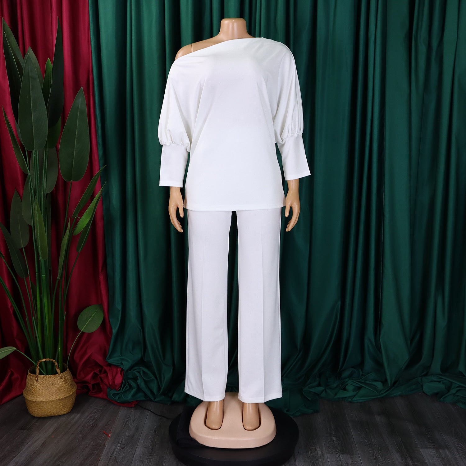 Women's Fall Fashion Solid Color Slash Shoulder Top Wide Leg Pants African Suit 8