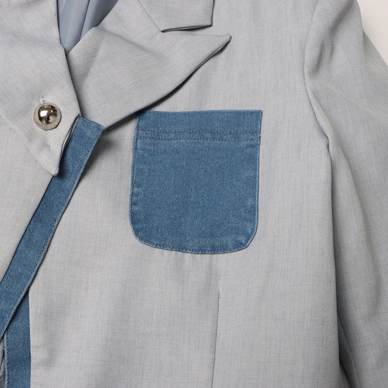 Women Autumn and Winter Fake Two Piece Patchwork Denim Blazer 12