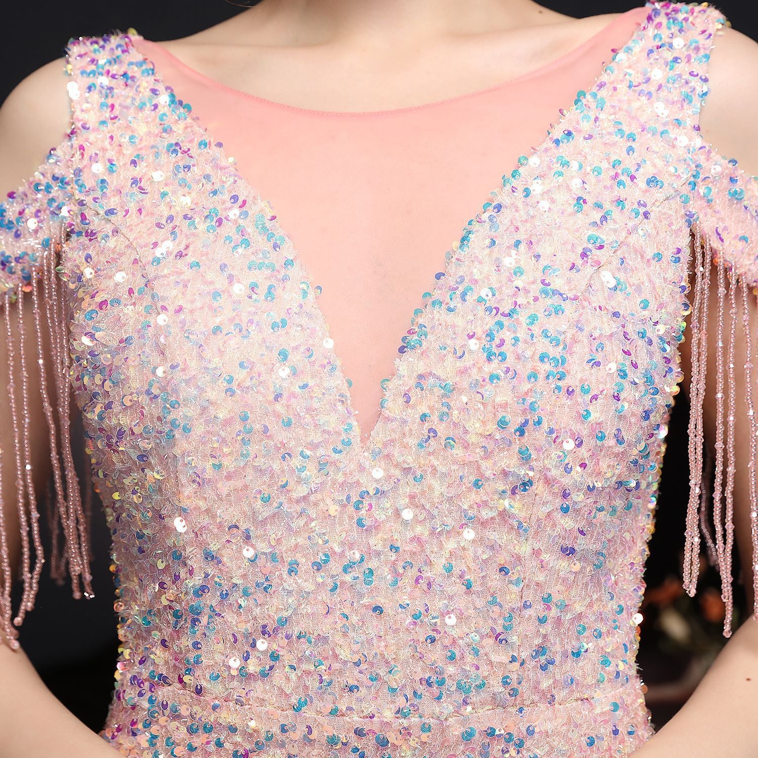 Summer formal sequin cutout shoulder tassel evening dress 19