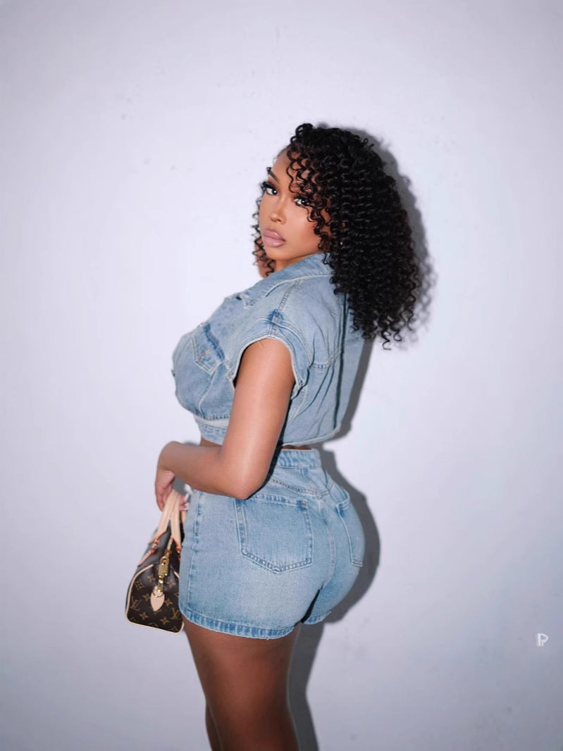 Women's fashion casual elastic denim color matching two-piece shorts set 3