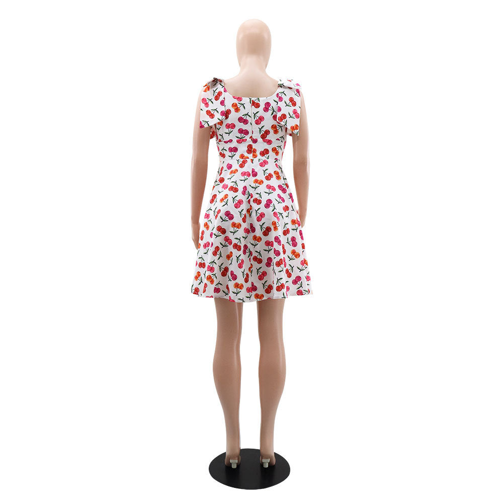 Cherry Print Strap Square Neck Casual Short Dress 5