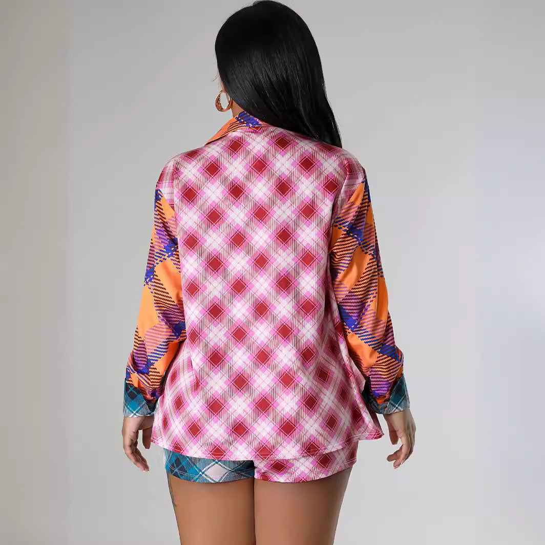 Women contrast plaid print long-sleeved shirt and shorts two-piece set 8
