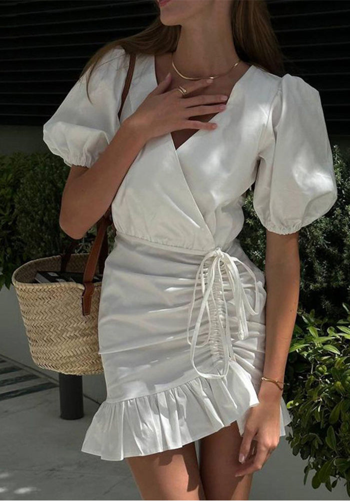 White Ruffled Women's Sexy V-Neck Puff Sleeve Drawstring High Waist Dress