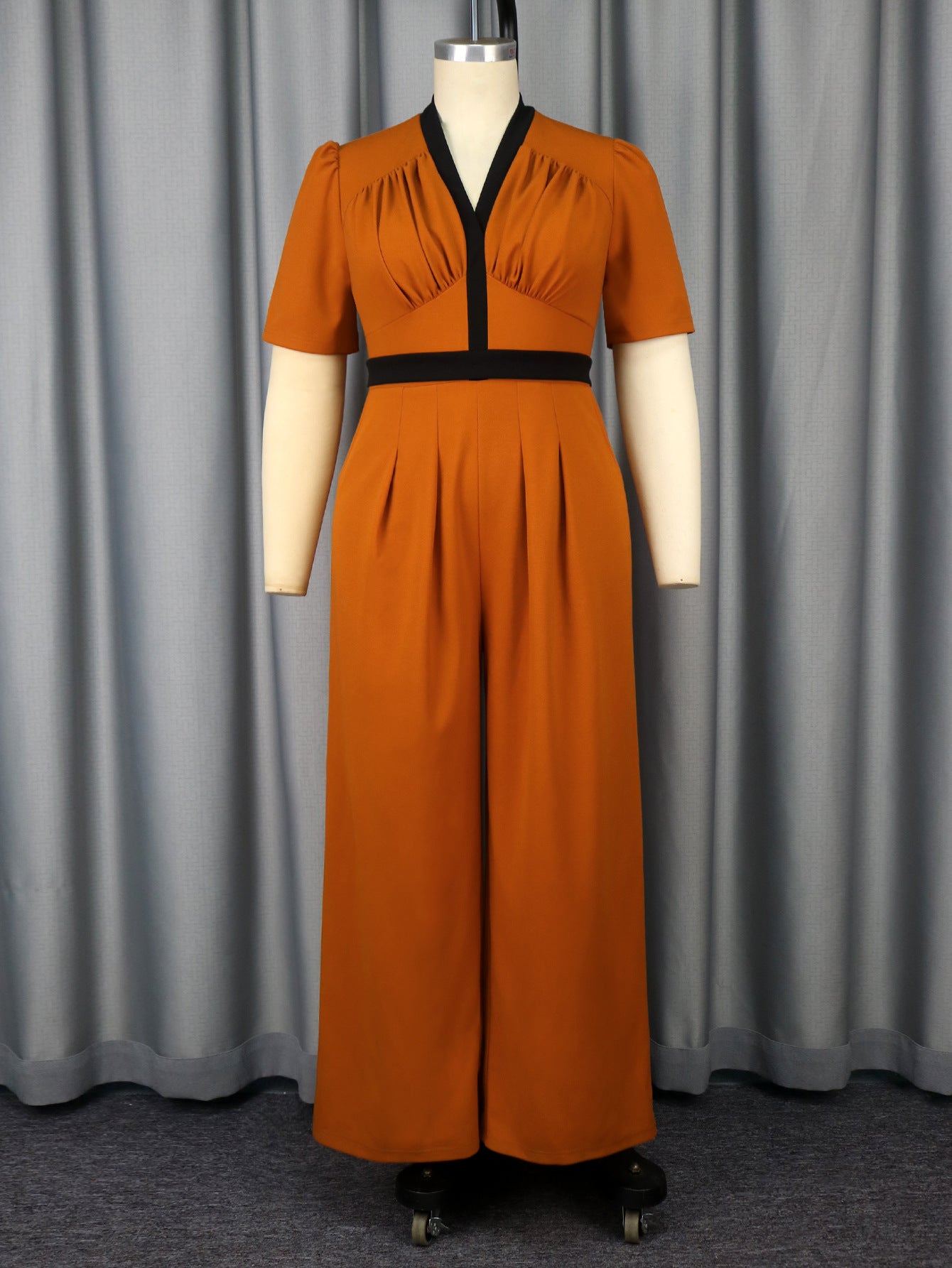 Plus Size V-Neck Pleated Color-Matching Slim Waist Elegant Wide-Leg Jumpsuit 10