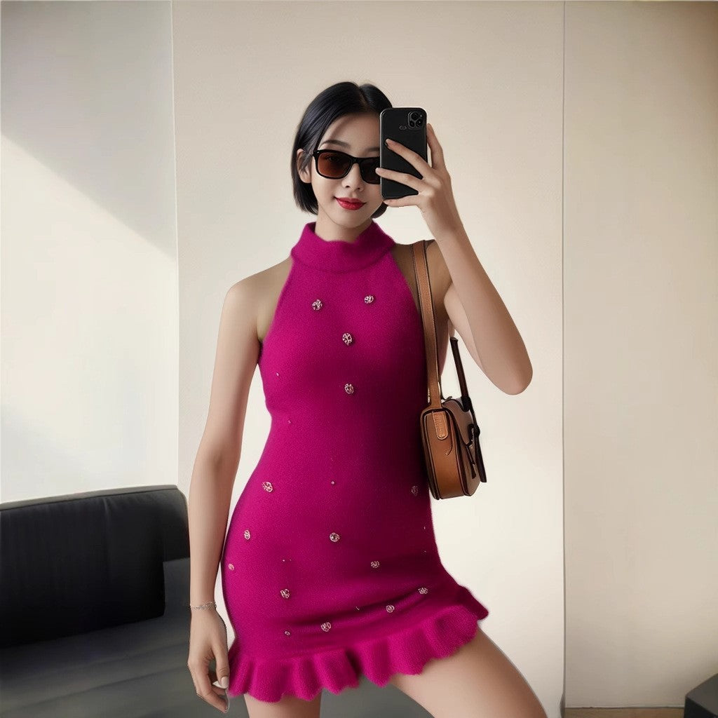 Women beaded Halter Neck sleeveless knitting dress 10