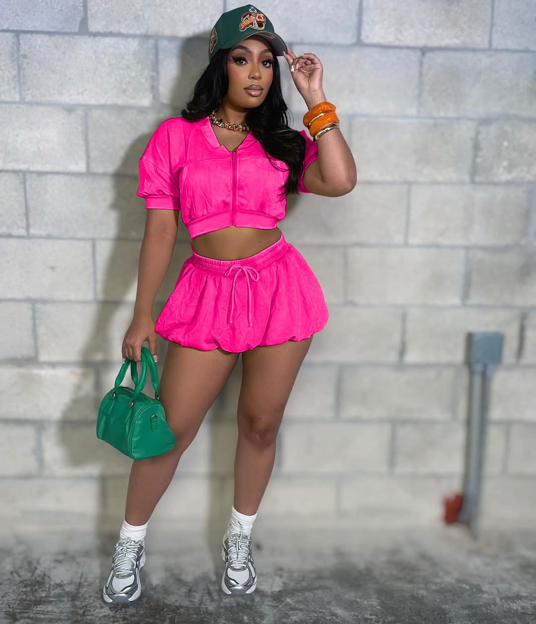 Women Casual Zipper Crop Top and Lantern Skirt Two-Piece Set