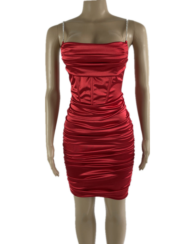 Sexy Women'S Diamond Chain Straps Solid Color Tight Fitting Midi Dres 19