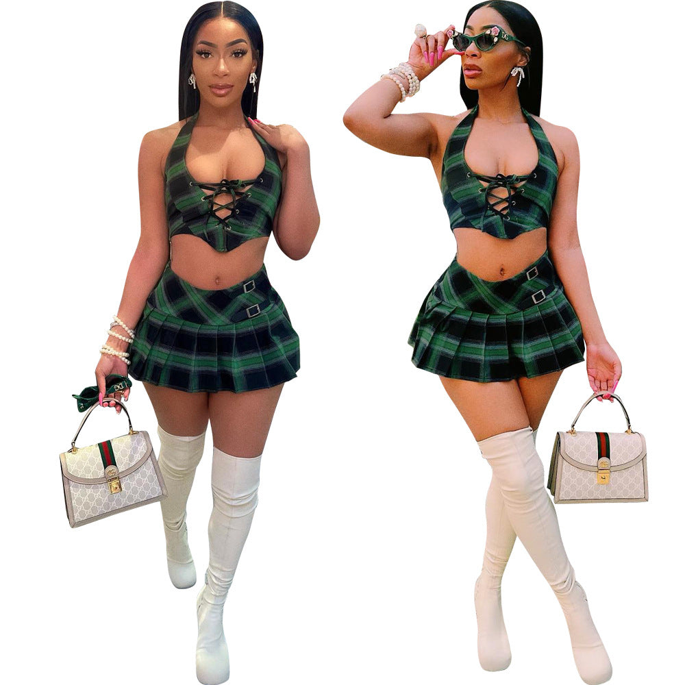 Women's Set Sexy Lace-Up Beach Party Holidays Halter Neck Pleated Skirt Set 3