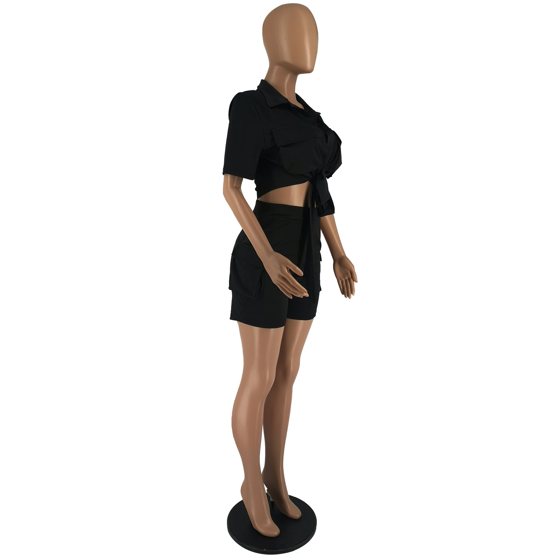 Women'S Solid Color Short Sleeve Shirt Shorts Two-Piece Set 17