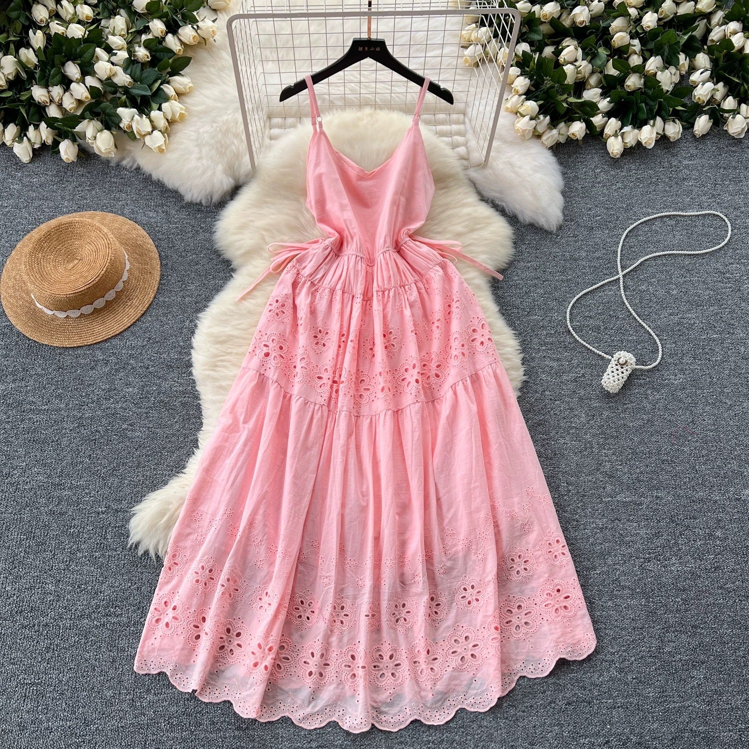 Women Summer Lace-Up Cutout Embroidery Holidays Strappy Dress 3