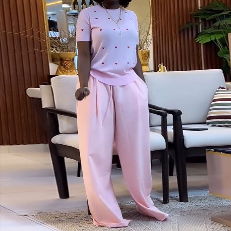 Women's Summer Sweet & Trendy Round Neck Heart Print Short Sleeve Top & Wide-Leg Pants Set 3