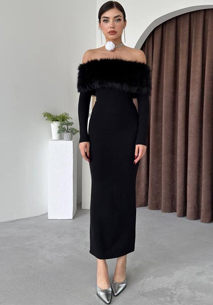 Women Fall Elegant Off Shoulder Fur Collar Dress