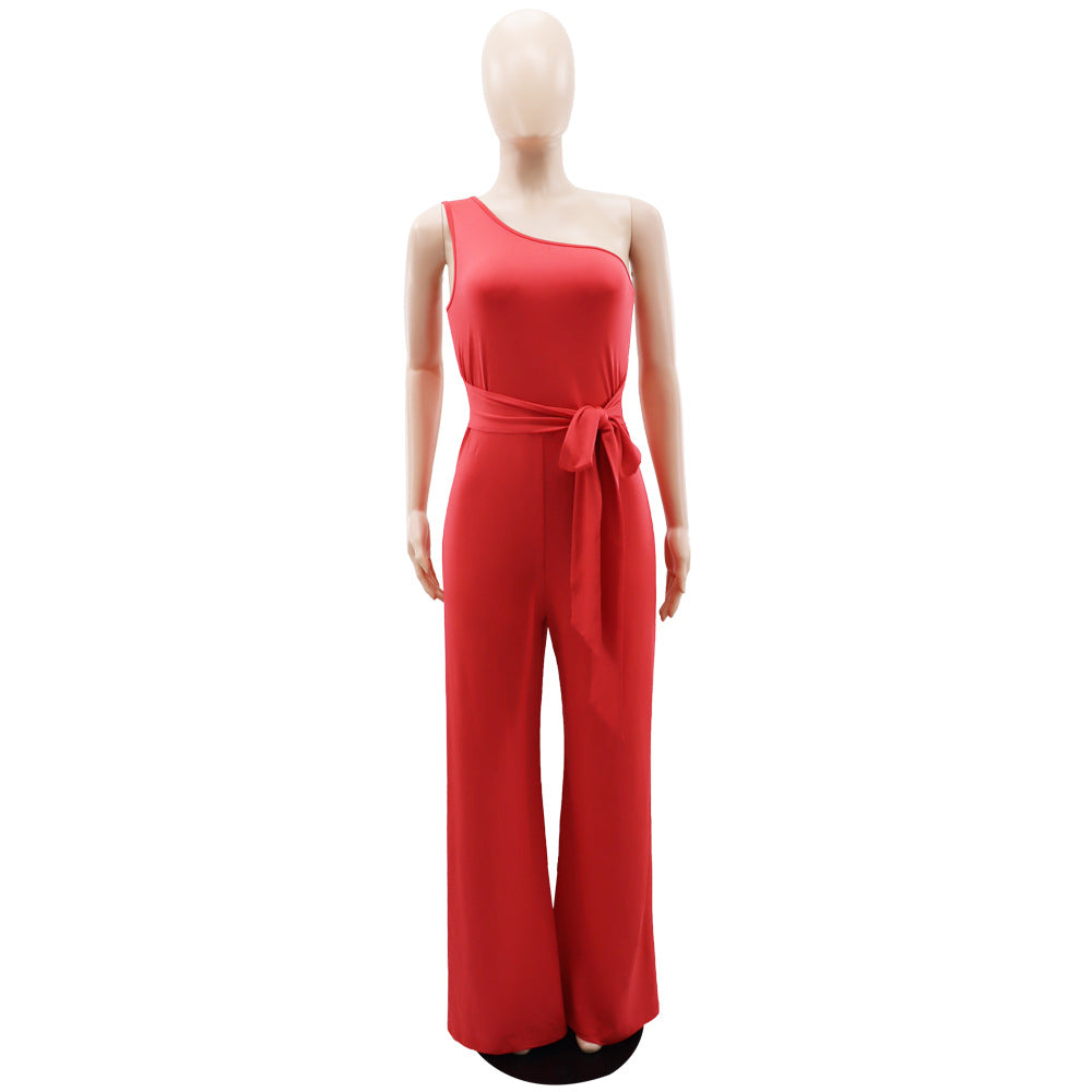 Casual Solid One Shoulder Slim Waist Wide Leg Bell Bottom Women's Jumpsuit 15