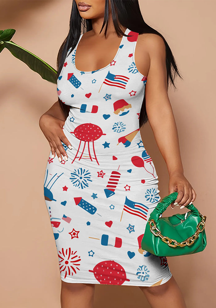 Women Vest Dress American American Flag Print Two-Piece Set Bodycon