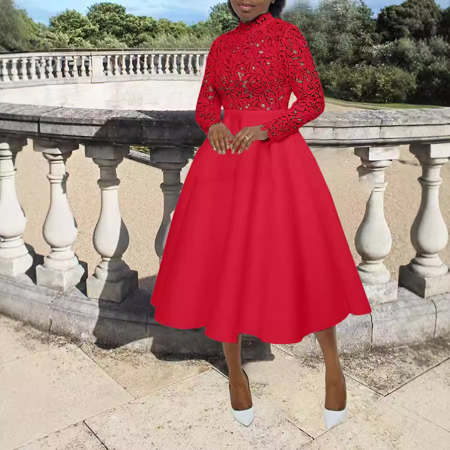 Women's Medium Neck Lace Patchwork A-Line Dress 7