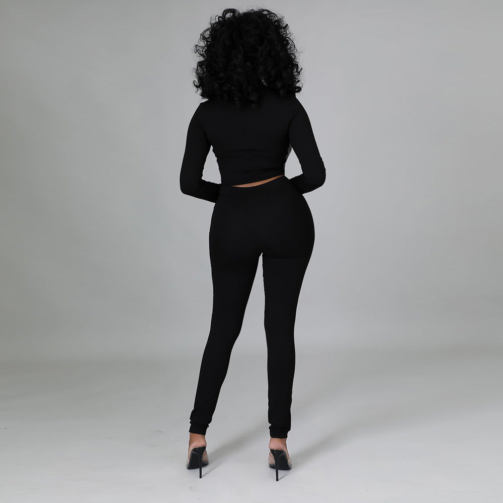 Women Fashion PU-Leather Patchwork Long Sleeve Solid Top and Pant Two-piece Set 8