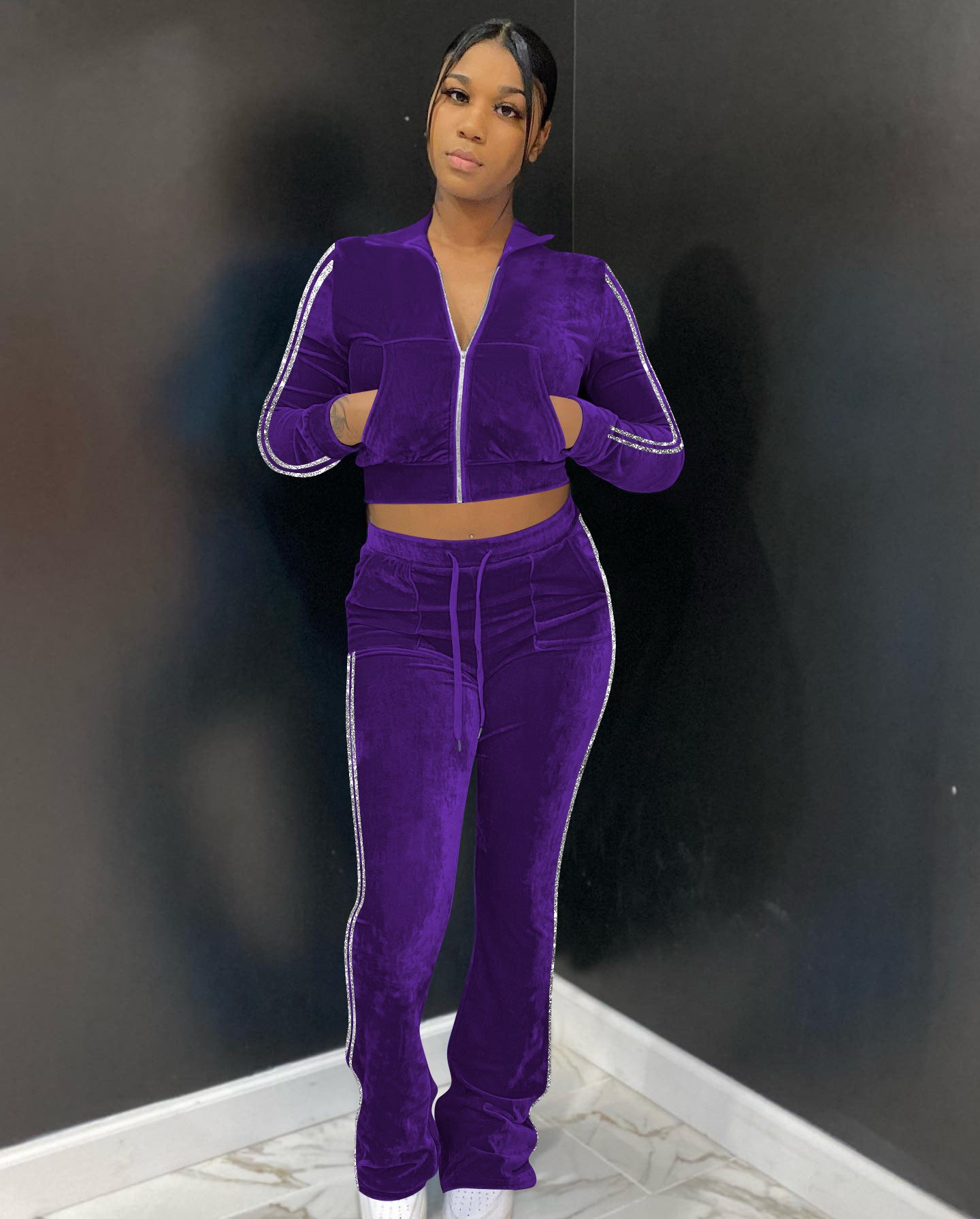 Women's Solid Velvet Casual Zip Top Wide Leg Pants Two Piece Tracksuit 16