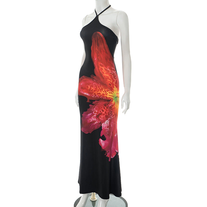 Women Floral Print Halter Neck Lace Sleeveless Bcakless Maxi Dress 7