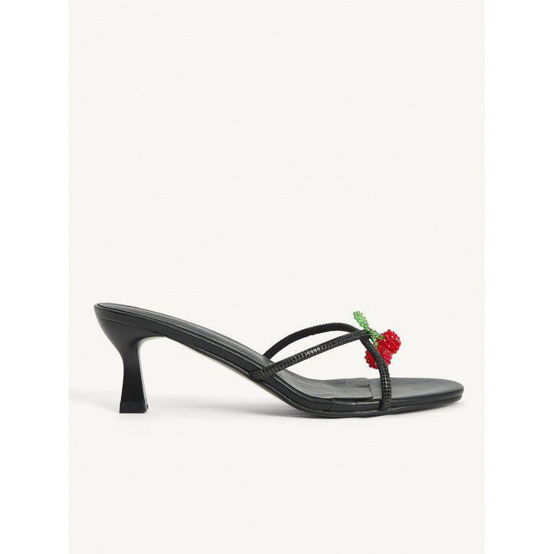 Fashionable Women's Black Shiny Rhinestone Beaded Open Toe High Heel Sandals 5