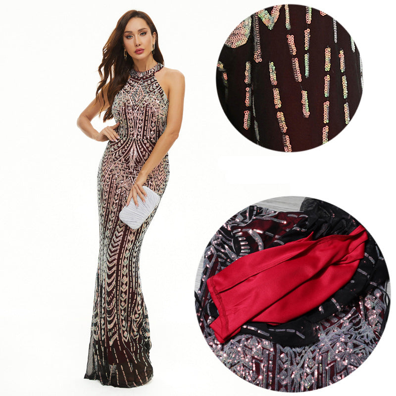 Floral Sequins Formal Party Evening Dress Long Luxurious And Sexy Halter Neck Fishtail Dress 3